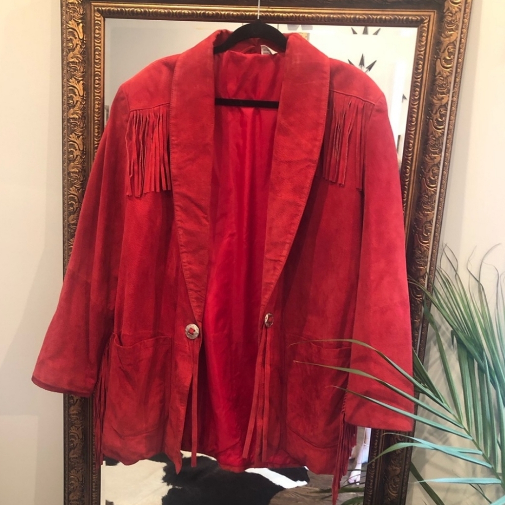 Vintage Red Leather Fringe Jacket